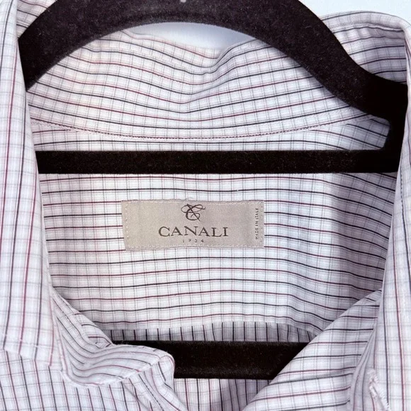 Canali Brushed Button Down Shirt Mens 44-17 1/2 Cream Red Check Business Italy - Picture 5 of 11